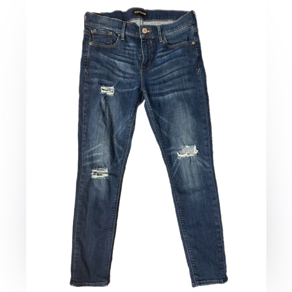Express Women's Distressed Blue Jeans Size 8 Cropped Legging Mid Rise 27” Inseam